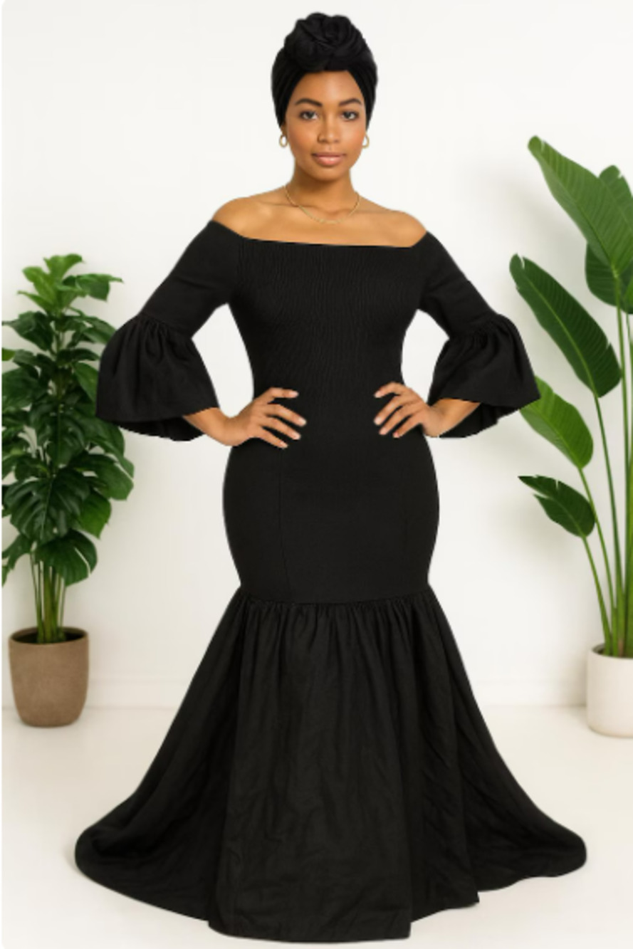 Smocked Off Shoulder Mermaid Dress: Wax Cotton Ruffle Sleeve with Headwrap